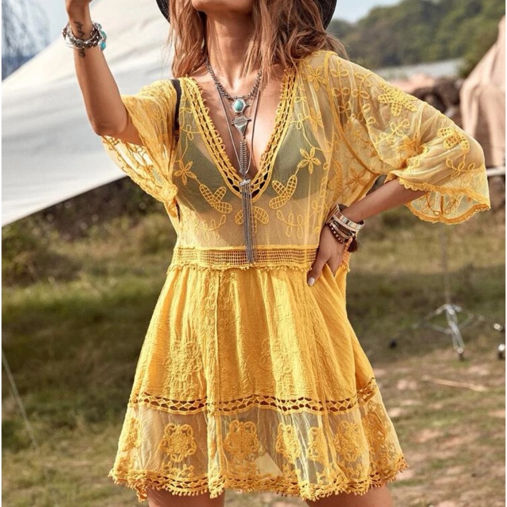 Boho Sheer Mesh Lace Deep V Neck Beach Swim Cover Up - Picture 16 of 16